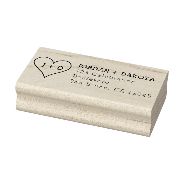 Heart Initials Modern Wood Wedding Return Address Rubber Stamp (Stamp)