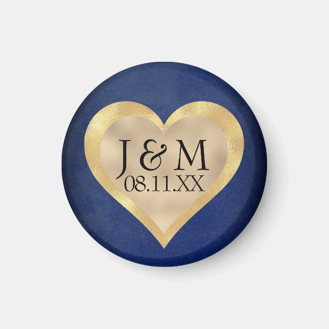 Heart Initials on Navy Blue & Gold Wedding Magnet (Front)