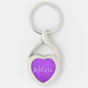 Heart Keychain Glitter Personalised Name Purple