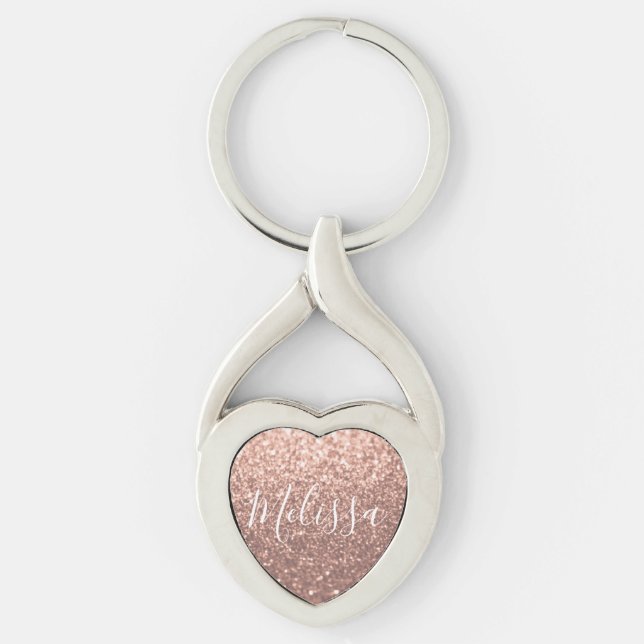 Heart Keychain Glitter Personalised Name Rose Gold (Front)