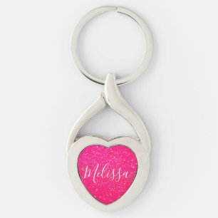 Heart Keychain Glitter Personalized Name Hot Pink
