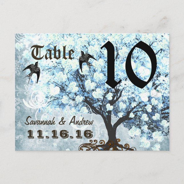Heart Leaf Blue Tree Birds Table Number Card (Front)