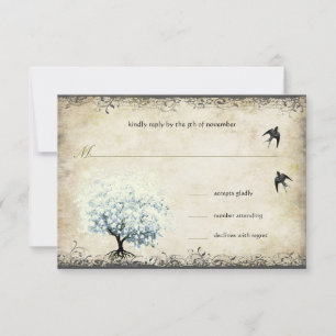Heart Leaf Blue Tree Vintage Birds Pearl Parchment RSVP Card
