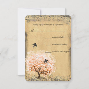 Heart Leaf Coral Tree Love Bird Wedding RSVP Card