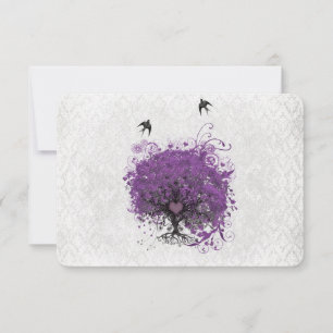 Heart Leaf Eggplant Tree Vintage Birds RSVP Card