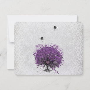 Heart Leaf Eggplant Tree Vintage Birds RSVP Card