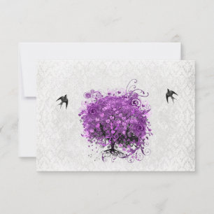 Heart Leaf Eggplant Tree Vintage Birds RSVP Card