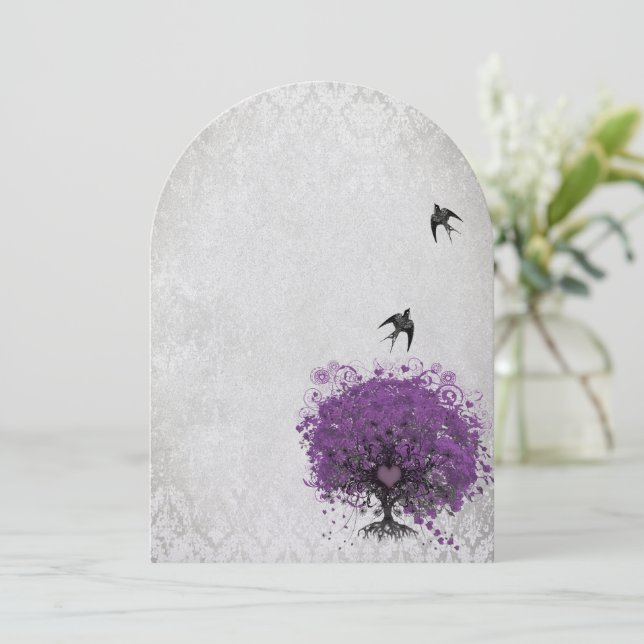 Heart Leaf Eggplant Tree Vintage Birds Wedding Invitation (Standing Front)