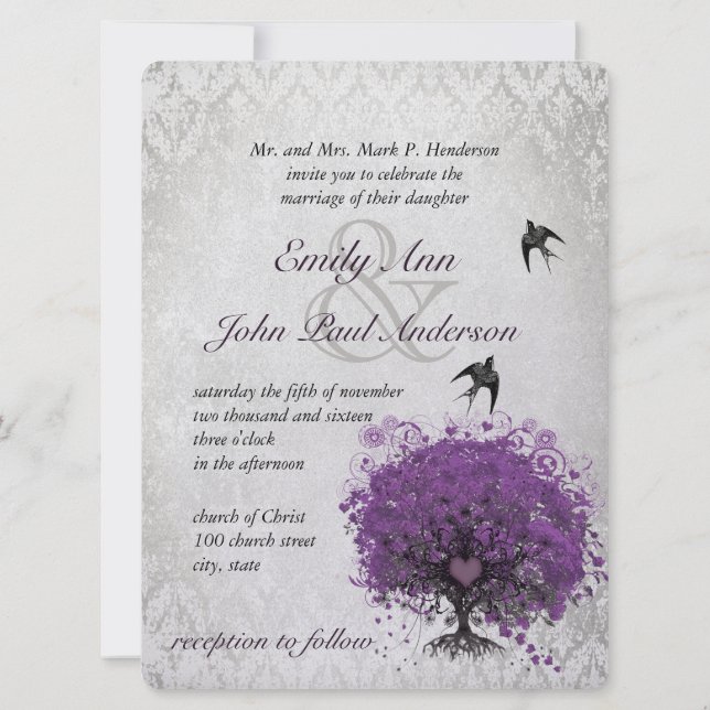 Heart Leaf Eggplant Tree Vintage Birds Wedding Invitation (Back)
