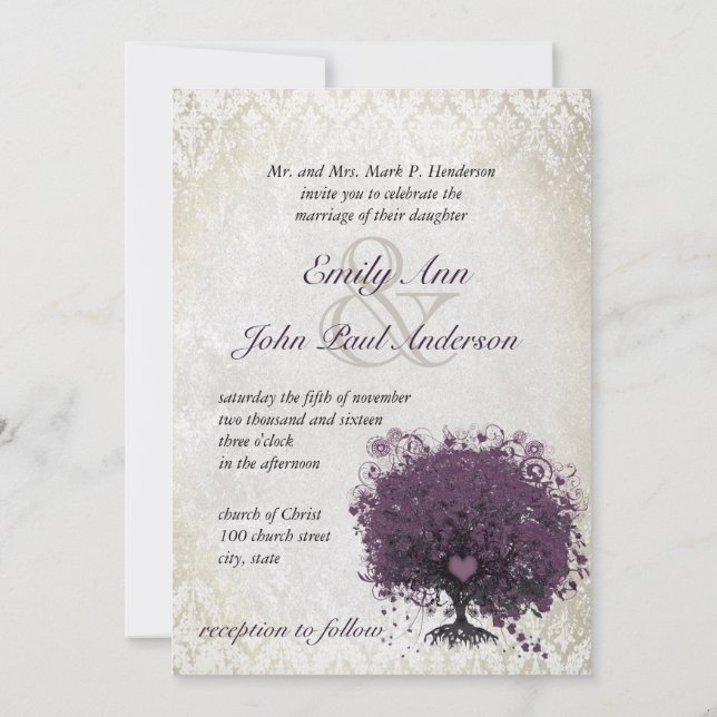 Heart Leaf Eggplant Tree Vintage Damask Wedding Invitation (Back)