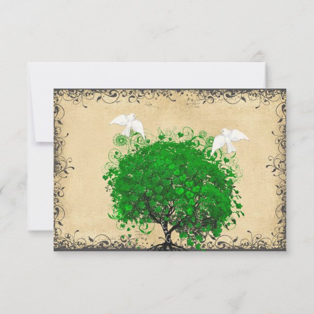 Heart Leaf Emerald Tree Dove Bird Wedding RSVP Card (Back)