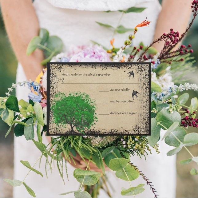 Heart Leaf Emerald Tree Love Bird Wedding RSVP (Creator Uploaded)