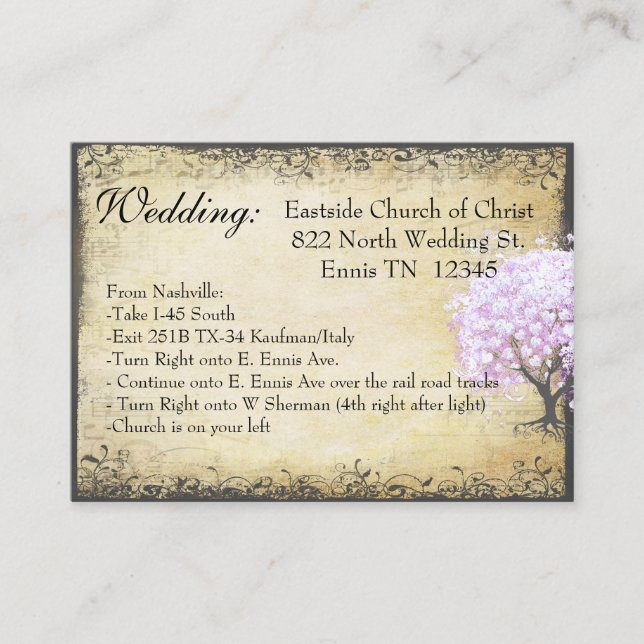 Heart Leaf Lavender Tree Direction Wedding Card (Front)