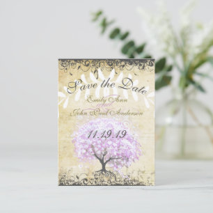 Heart Leaf Lavender Tree Vintage Bird Wedding Announcement Postcard
