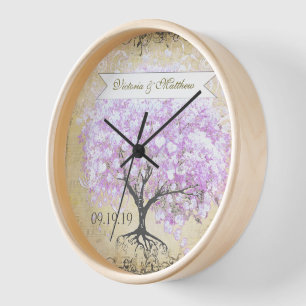 Heart Leaf Lavender Tree Vintage Bird Wedding Clock