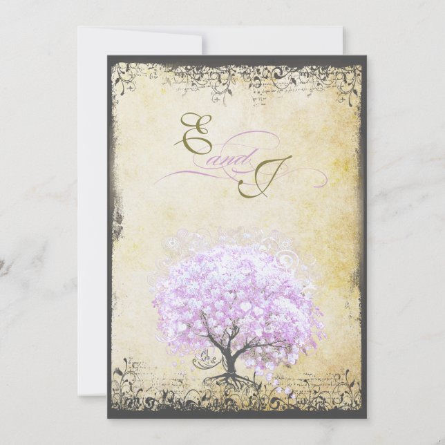 Heart Leaf Lavender Tree Vintage Bird Wedding Invitation (Front)