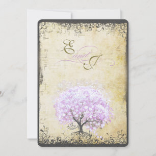 Heart Leaf Lavender Tree Vintage Bird Wedding Invitation