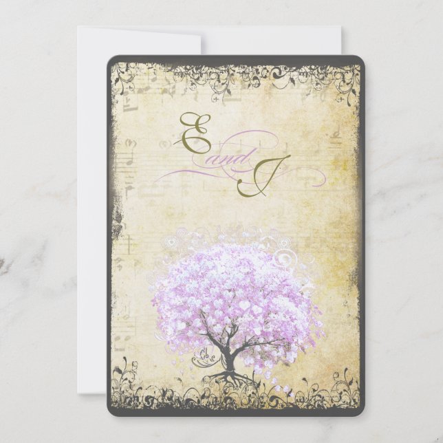 Heart Leaf Lavender Tree Vintage Bird Wedding Invitation (Front)
