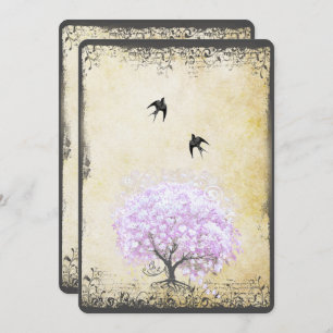 Heart Leaf Lavender Tree Vintage Bird Wedding Invitation