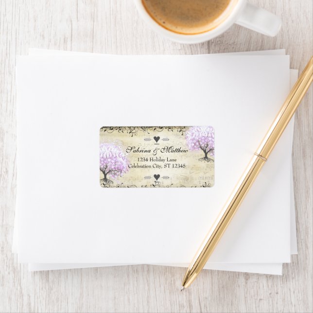 Heart Leaf Lavender Tree Vintage Bird Wedding Label (Insitu)