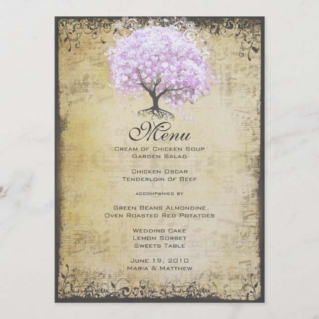 Heart Leaf Lavender Tree Vintage Bird Wedding Menu (Front)