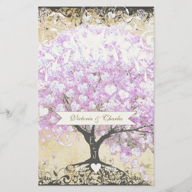 Heart Leaf Lavender Tree Vintage Bird Wedding Stationery (Front)