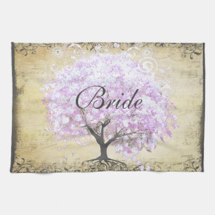 Heart Leaf Lavender Tree Vintage Bird Wedding Tea Towel