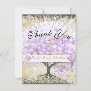 Heart Leaf Lavender Tree Vintage Bird Wedding Thank You Card