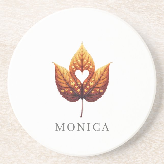 Heart Leaf Minimalist Orange Personalised  Coaster (Front)