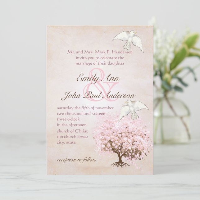 Heart Leaf Pink and Love Bird Brown Tree Dove Invitation (Standing Front)