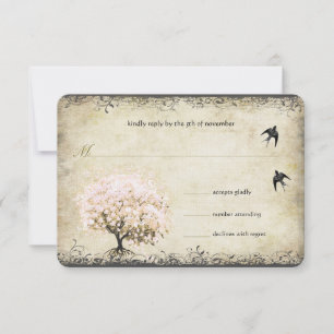 Heart Leaf Pink Tree Vintage Birds Wedding RSVP Card