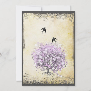 Heart Leaf Purple Tree Vintage Bird Wedding Invite
