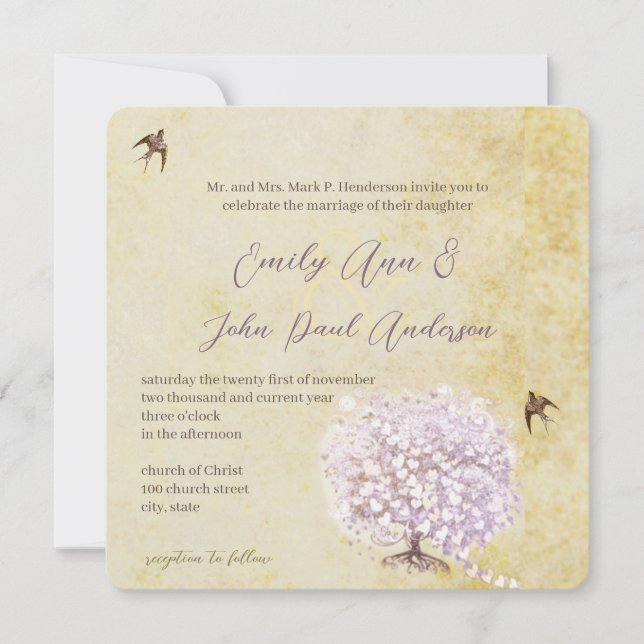Heart Leaf Purple Tree Vintage Bird Wedding Invite (Front)