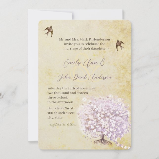 Heart Leaf Purple Tree Vintage Bird Wedding Invite (Front)