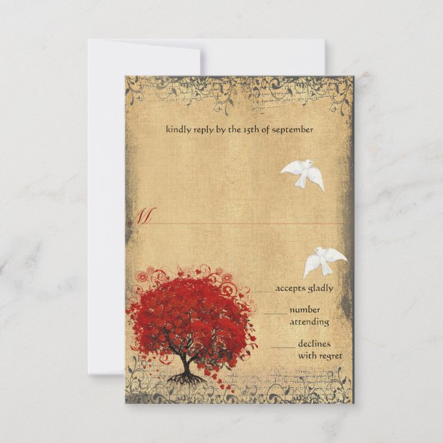 Heart Leaf Red Tree Dove Love Bird Wedding RSVP (Front)