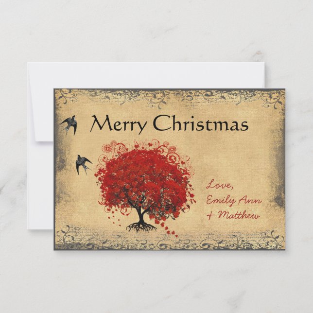 Heart Leaf Red Tree Vintage Bird Christmas Invitation (Front)