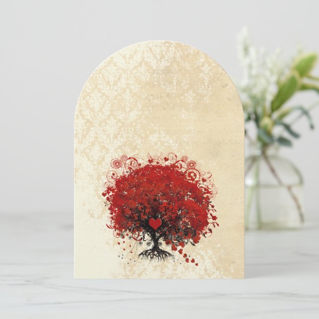 Heart Leaf Red Tree Vintage Birds Wedding Invites (Standing Front)