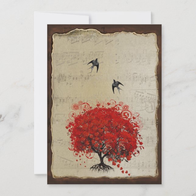 Heart Leaf Red Tree Vintage Birds Wedding Invites (Front)