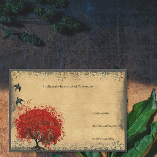 Heart Leaf Red Tree Vintage Birds Wedding RSVP Card