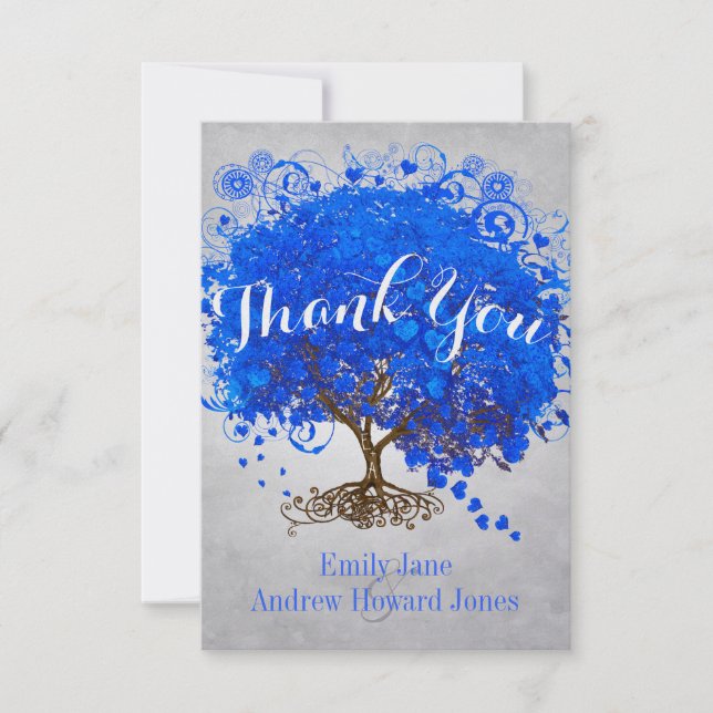 Heart Leaf Royal Blue Tree Thank You Wedding Card (Front)