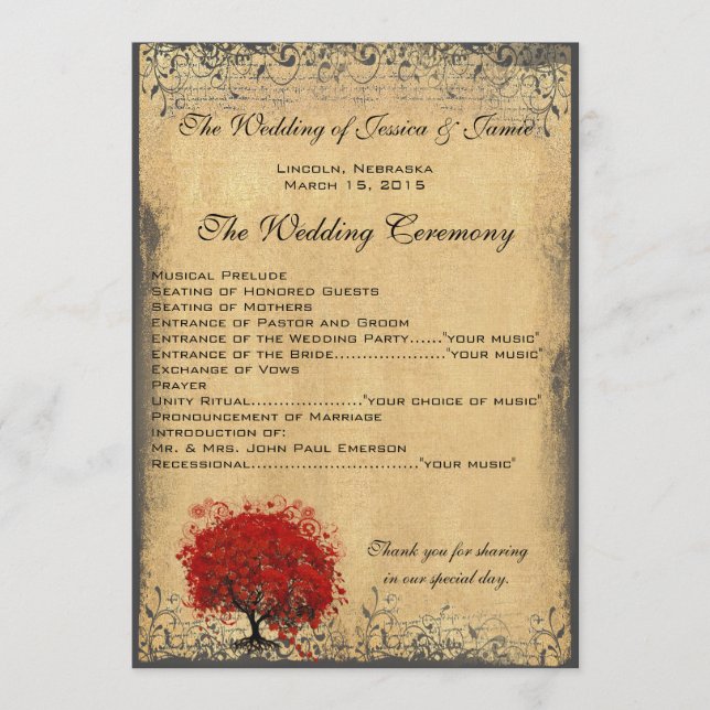 Heart Leaf Tree Burnt Parchment Wedding Program Programme (Front)