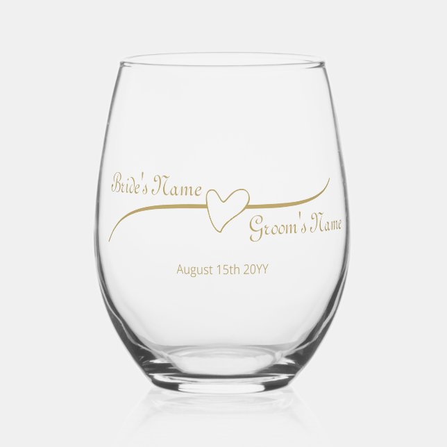 Heart Link Gold Wedding Anniversary Engagement Stemless Wine Glass (Front)