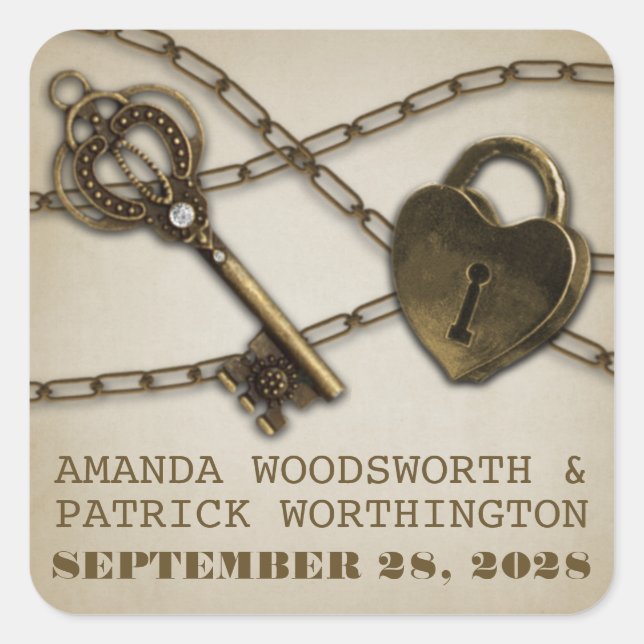 Heart Lock and Skeleton Key Wedding Favour Sticker (Front)