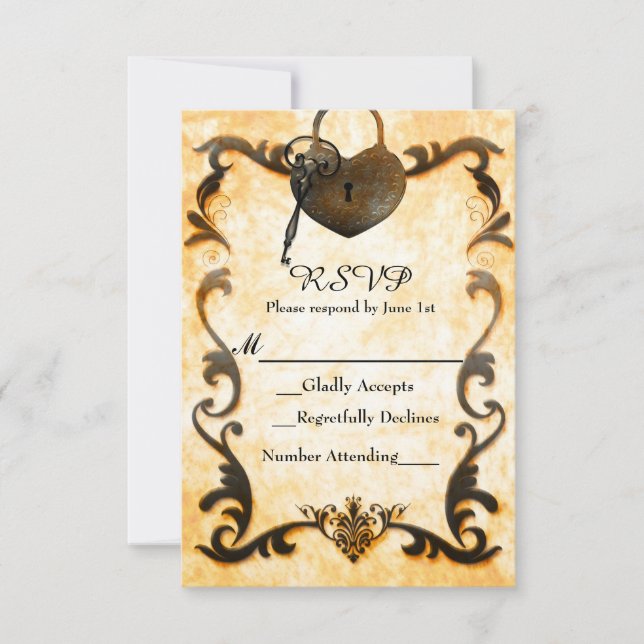 Heart Lock & Key Vintage Antique RSVP Card (Front)