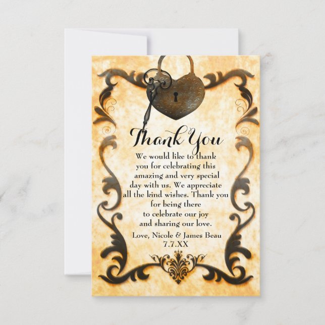 Heart Lock & Key Vintage Antique Thank You Cards (Front)