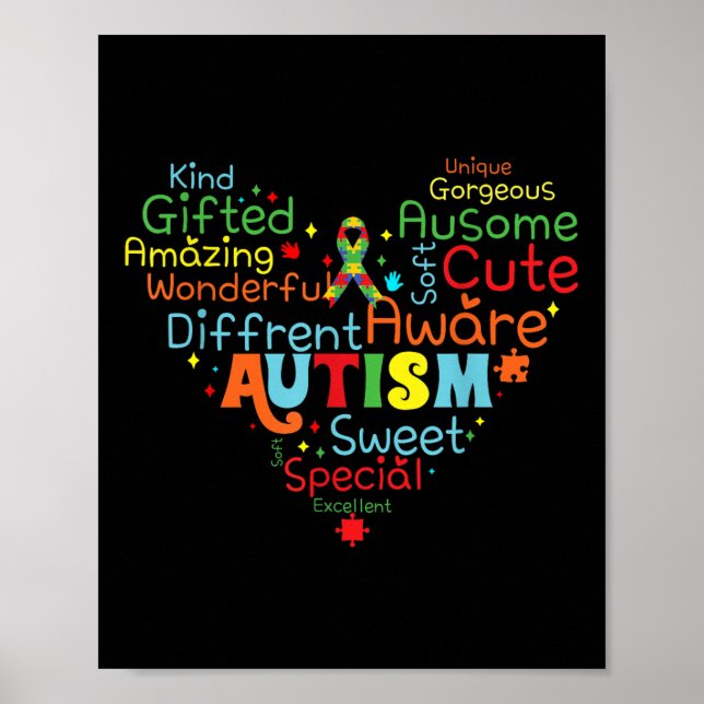 Heart Love Autism Ribbon Support Mental Health Poster (Front)