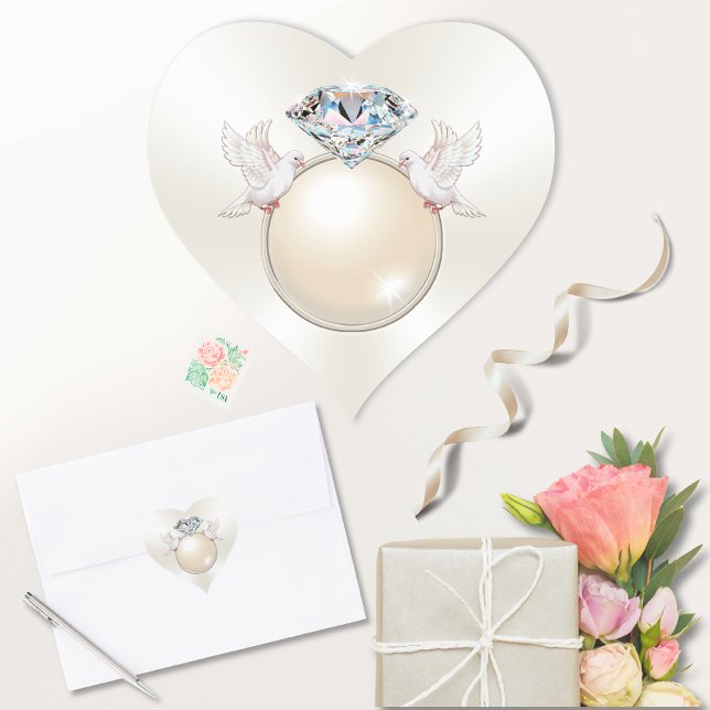 Heart, Love Birds Stickers, Diamond Ring Stickers (Elegant, wedding envelope stickers. Heart Shaped Stickers for Envelopes, Favor Stickers, Decoration.)