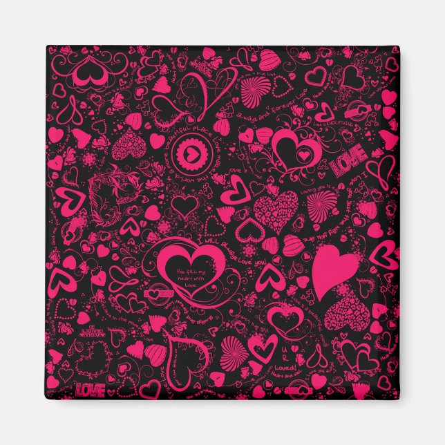 Heart Love Doodles Pink-Black-Square Magnet (Front)