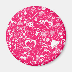 Heart Love Doodles Pink-White-Round Magnet