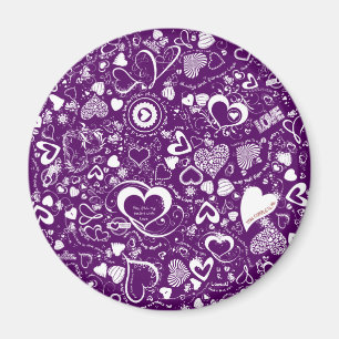 Heart Love Doodles Purple-White-Round Magnet